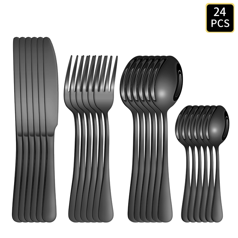 Kitchen Gadgets Gold - 4/6/16/24pcs Black Stainless Steel Cutlery 1010
